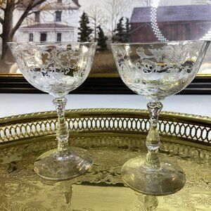 2 Fostoria Navarre Clear Champagne Tall Sherbet Blown Glass Etched 5 5/8 in Vntg